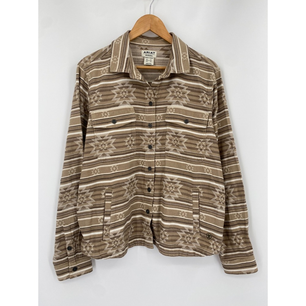 Ariat Chore Shirt JKT Womens XL Tan Southwestern Striped Cotton Shacket